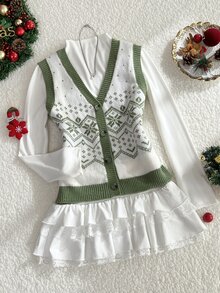 Elamini Women's Autumn/Winter Christmas Snowflake Pattern Rhombus Jacquard Button Contrast Color Cute Delicate Atmosphere Knit Sweater Vest - White - View 5