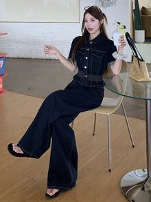 Dazy Tall Women's Short Sleeve Denim Top & Loose Straight Leg Pants Casual Denim Two Pieces Set - Dark Wash - View 4