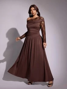 Viva Relle Plus Size Elegant Asymmetrical Shoulder Slim Fit Long Sleeve Dress - Coffee Brown - View 5