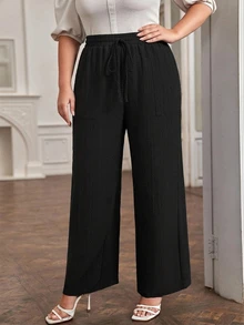 Comfylo Women's Plus Size Casual Solid Color Wide Leg Pants With Waist Tie, Autumn/Winter - Black - View 5