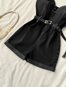 Flirla 女款時尚百搭牛仔吊帶短褲 - 黑色 - 查看 4