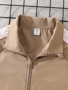 SHEIN 大童男孩對比側縫落肩袖拉鍊夾克與慢跑運動長褲套裝 - 彩色 - 查看 6