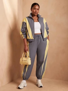 Slaydiva Plus Size Striped Colorblock Zip-Up Top And Loose Pants 2 Pieces Set - Multicolor - View 7
