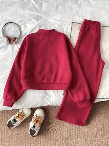 Kids Tween Girl 1pc Letter Graphic Zip Up Thermal Lined Bomber Autumn Winter Jacket & 1pc Wide Leg Sweatpants Set - Burgundy - View 10