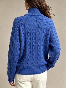 SHEIN Women's Cable Knit Stand Collar Long Sleeve Casual Versatile Sweater - Blue - View 3