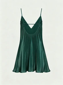 SHEIN PariChic 純色荷葉邊下擺緞面細肩帶洋裝 - 橄欖綠 - 查看 2