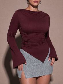 SHEIN BAE CURVE Atasan Kasual Sehari-hari Serbaguna untuk Wanita Ukuran Plus Warna Polos dengan Detail Kerut dan Potongan Pas Badan - Burgundy - View 3