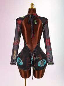 Amplova Women Long Sleeve Backless Drawstring Fitted Mesh Bodysuit Sexy Exaggerated Pattern Vintage Elegant - Black - View 3