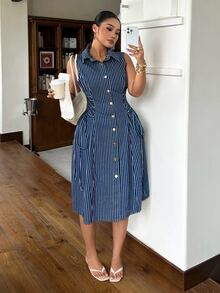 Rivivi Summer New Striped Print Loose Fit Plus Size Denim Sleeveless Dress - Blue - View 5
