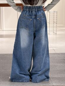 DAZY Tween Girl Wide Leg Loose Casual Denim Jeans With Pockets - Medium Wash - View 1