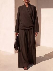 Zivah Solid Wrap Knot Side Blazer & Wide Leg Pants Suit Set - Brown - View 4