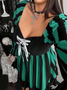 Whyspr 新款時尚哥德式暗黑風萬聖節 Cosplay 黑白條紋元素網格裝飾繫帶設計長袖泡泡袖迷你洋裝蝴蝶結 - 綠色 - 查看 3
