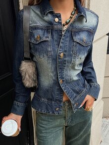 Strévra Jaket Denim Katun Wanita Warna Biru Musim Gugur dengan Kerah Lipat, Kancing, Lengan Panjang, Model Longgar, dan Dekorasi Saku. - Biru - View 4