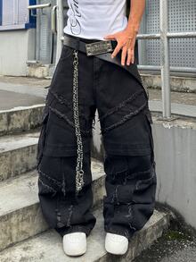STEELVANCE Street Retro Fashion Versatile Washed Heavy Duty Multi-Pocket Raw Edge Design Loose Straight Leg Wide Leg Casual Denim Jeans For Daily Wear (Belt & Accessories Not Included) - Black - View 5