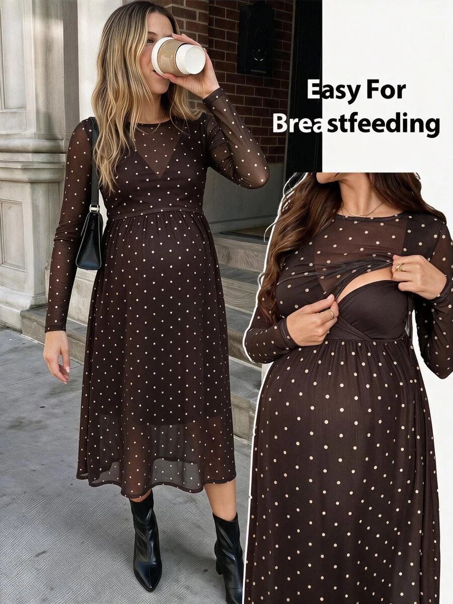 SHEIN 孕婦 1件波點印花哺乳洋裝 秋季 - 棕色 - 查看 1