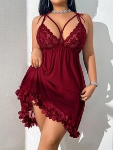 SHEIN 大尺碼性感蕾絲蝴蝶結裝飾睡裙 - 酒紅色 - 查看 1