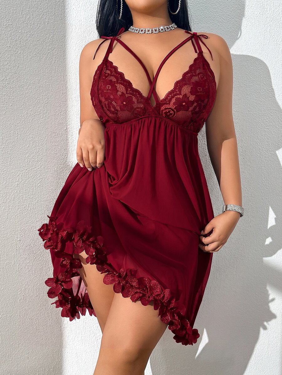 SHEIN 大尺碼性感蕾絲蝴蝶結裝飾睡裙 - 酒紅色 - 查看 1