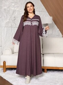 Lacomfia Knitted Dark Red Dress Casual Daily Versatile Loose Long Sleeve Patchwork Lace Trim Button Design Comfortable Home Wear Plus Size Dress - Red - View 5