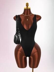 Amplova Women's Solid Color Deep V-Neck Sleeveless Sexy Bodysuit - Black - View 2
