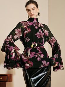 Arave Blus Wanita Bahan Chiffon Semi-Transparan dengan Bahu Jatuh, Potongan H, Kerah Berlipit Motif Bunga, dan Desain Lengan Berkerut untuk Perjalanan Sehari-hari - Hitam - View 6