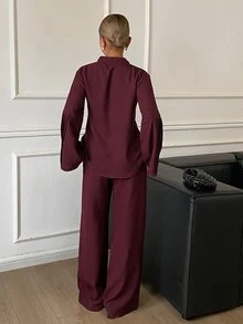 Dazy Tall Women's Solid Color Pleated Long Sleeve Top And Pants Casual Daily 2 Pieces Set - Burgundy - View 2