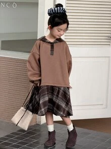 DAZY Tween Girl Patchwork Plaid Ruffle Hem Dropped Shoulder Long Sleeve Casual Hooded Dress - Camel - View 7