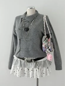 Sunspun Napoleon Style Women Plus Size Casual High Neck Asymmetric Placket Frog Button Long Sleeve Slim Fit Cardigan Sweater Fall - Grey - View 1