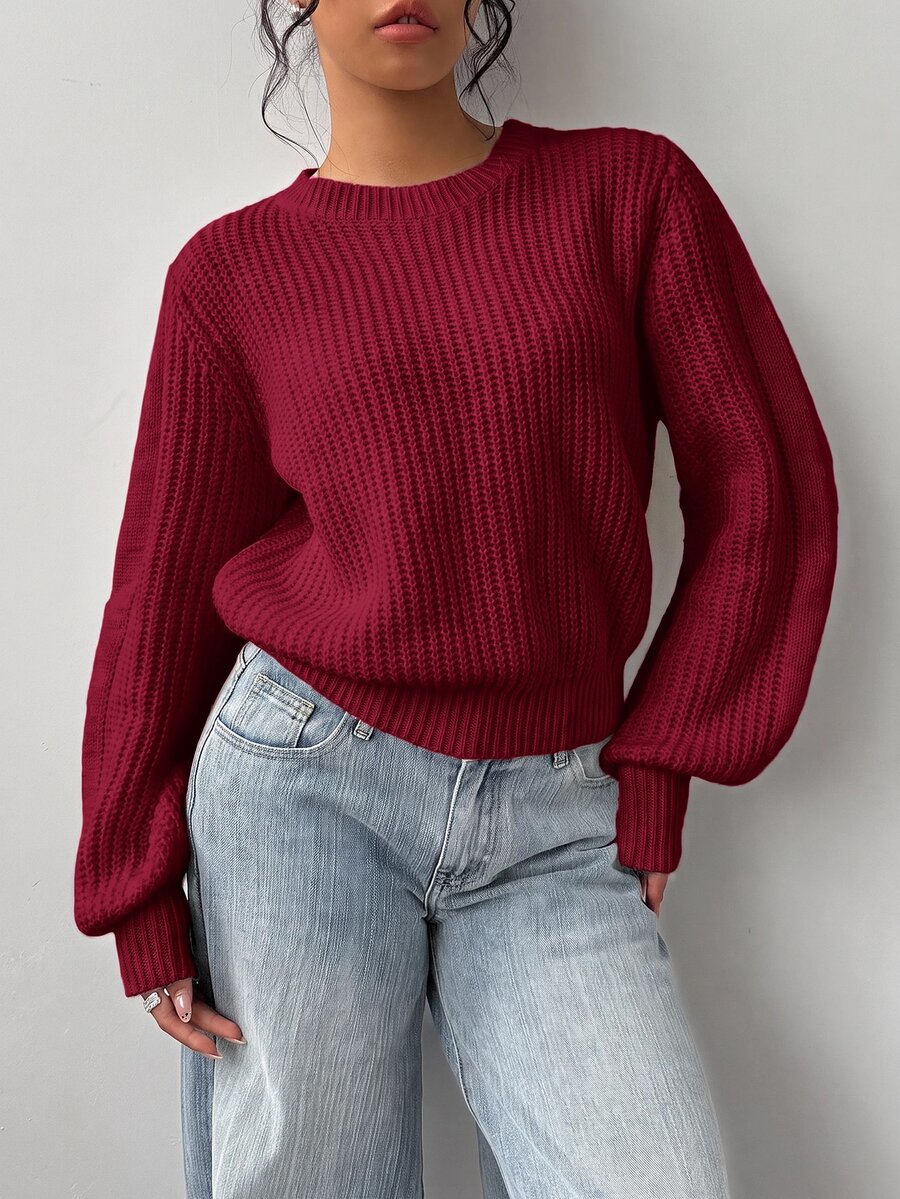 SHEIN 少女純色圓領長袖休閒百搭針織衫 - 紅色 - 查看 1
