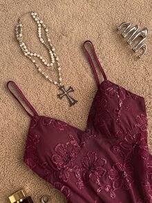Attitoon Damen Tanktop, lässig minimalistisch Vintage elegant vielseitig Blau Pailletten bestickter Mesh-Stoff, Strandkleidung, Urlaubsoutfit, Damen Sommeroutfit - Bordeaux - Übersicht 4