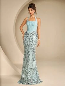 Coutiva Women's Rhinestone Decorated Elegant Cinched Waist Formal Evening Gown Dress - Green - View 7