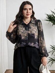 Modelyn Plus Size Floral Print Button Long Sleeve Shirt For Vacation - Multicolor - View 5