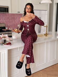 SweetSlumber Women's Heart Print Knit Fabric Long Sleeve Pants Pajama Set - Red and White - View 5