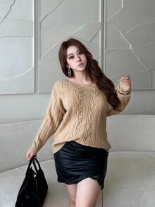 Vibekara Plus Size Women Loose Sexy Asymmetrical Shoulder Cable Knit Long Sleeve Pullover Sweater Autumn Winter - Khaki - View 5