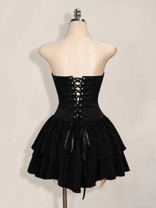 SHEIN ICON Women's Solid Color Pleated Casual Daily Summer Strapless Mini Dress - Black - View 2