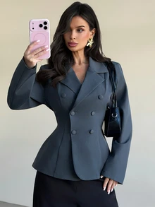 Firerie Blazer Wanita Abu-abu Gelap Kancing Ganda dengan Ikat Pinggang dan Kerah Ramping - Grey - View 1