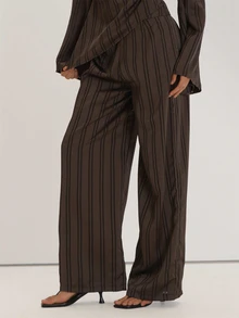 MUSEYN Brown Satin Wide Leg Trousers Versatile Everyday Casual Fall - Coffee Brown - View 3