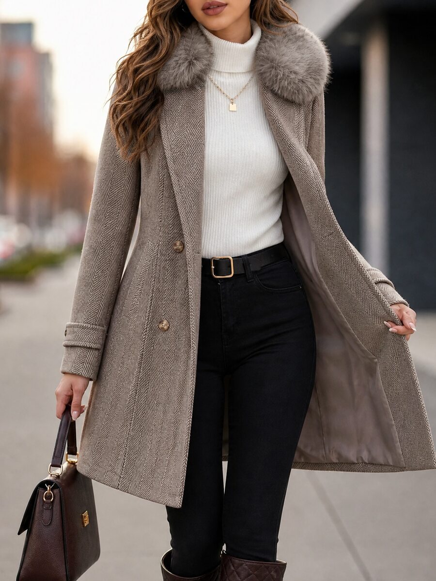 Editum Women's Street Style Faux Fur Patchwork Button Waist-Cinching Overcoat