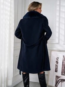 SHEIN Clasi 女款雙排扣繫帶毛絨飾邊優雅長版大衣，秋冬穿著 - 藏蓝色 - 查看 2
