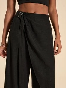 Travachic Women's Solid Color Side Waist Buckle Design Wide Leg Loose Long Pants - Black - View 1