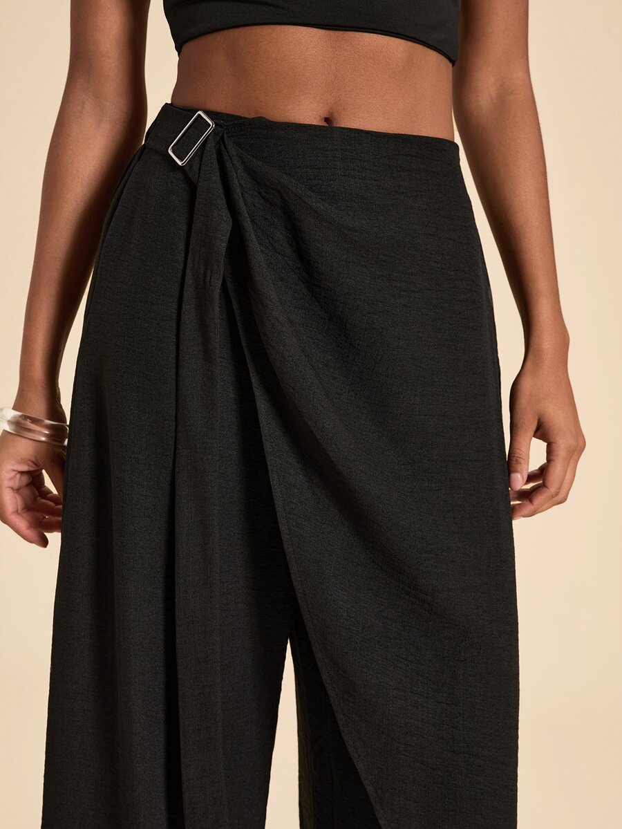 Travachic Women's Solid Color Side Waist Buckle Design Wide Leg Loose Long Pants - Black - View 1