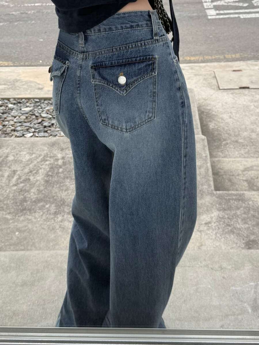 Dazy Plus Distressed Washed Faded Pocket Loose Straight Leg Casual Streetwear Spring Autumn Long Jeans - Medium Wash - View 1