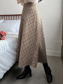 Dazy Tall Women's Plaid Elegant A-Line Long Skirt Fall - Khaki - View 6