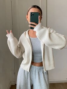 DAZY Solid Color Fitted Short Hooded Long Sleeve Casual Street Vacation Spring Autumn Zip Up Knit Cardigan For Women - Apricot - View 2