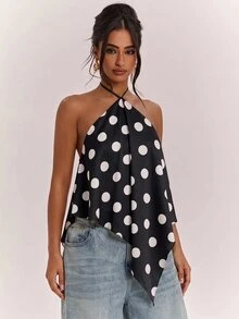 SHEIN BAE 女款性感波點印花不對稱下擺掛脖繫帶背心 - 黑色 - 查看 6