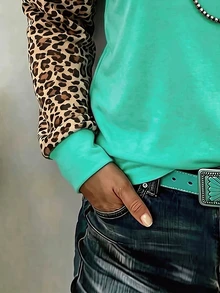 SHEIN LUNE Fashion Retro Casual Basic Round Neck Raglan Long Sleeve Leopard Print Body Green Colorblock Plus Size Sweatshirt - Multicolor - View 3