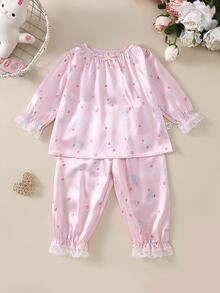 Infant Girl Ditsy Floral Print Pattern 3D Bow Ruffle Trim Cuffs Long Sleeve Pants Satin Set Loungewear - Pink - View 4