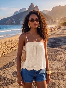 CAJUNI Women's Hollow Embroidery Casual Camisole Tank Top For Vacation - White - View 6