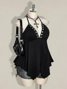 SHEIN ICON Plus Size Y2K Eyelet Decor Halter Neck Black Knit Sexy Top - Black - View 8