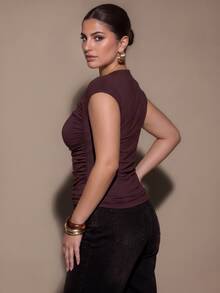 SHEIN BAE CURVE Plus Size Women's Asymmetrical Neckline Ruched Top - Brown - View 3