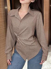 SHEIN Franclia بلوزة نسائية بلون سادة بأكمام طويلة بتصميم لف، قميص نسائي للربيع والخريف - بني - مشاهدة 4
